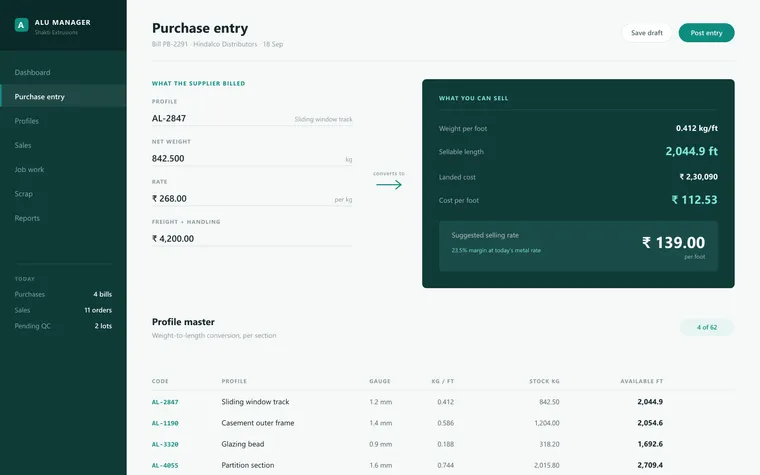 Business ERP purchase screen converting a supplier bill in kilograms into sellable length in feet, with cost and suggested rate per foot.