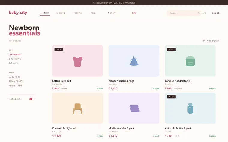 Online store category page with a product grid, filters and a cart summary.