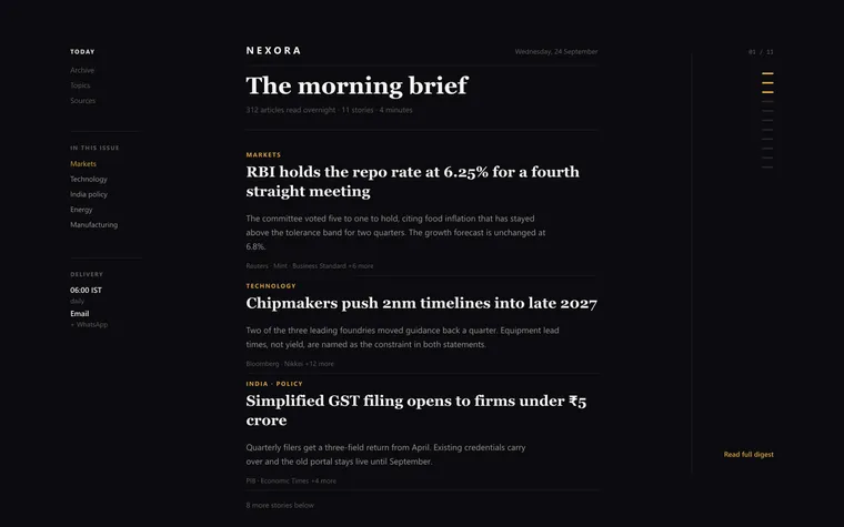 AI news digest reading view with summarised stories, source attributions and topic controls.